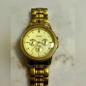 Elgin Men's Watch FG291N Gold Tone Water Resistant Date/Day/24hr Needs Battery